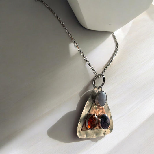 Handmade Argentium Silver & Copper Triangle shaped Pendant Necklace with 3 Cabochons