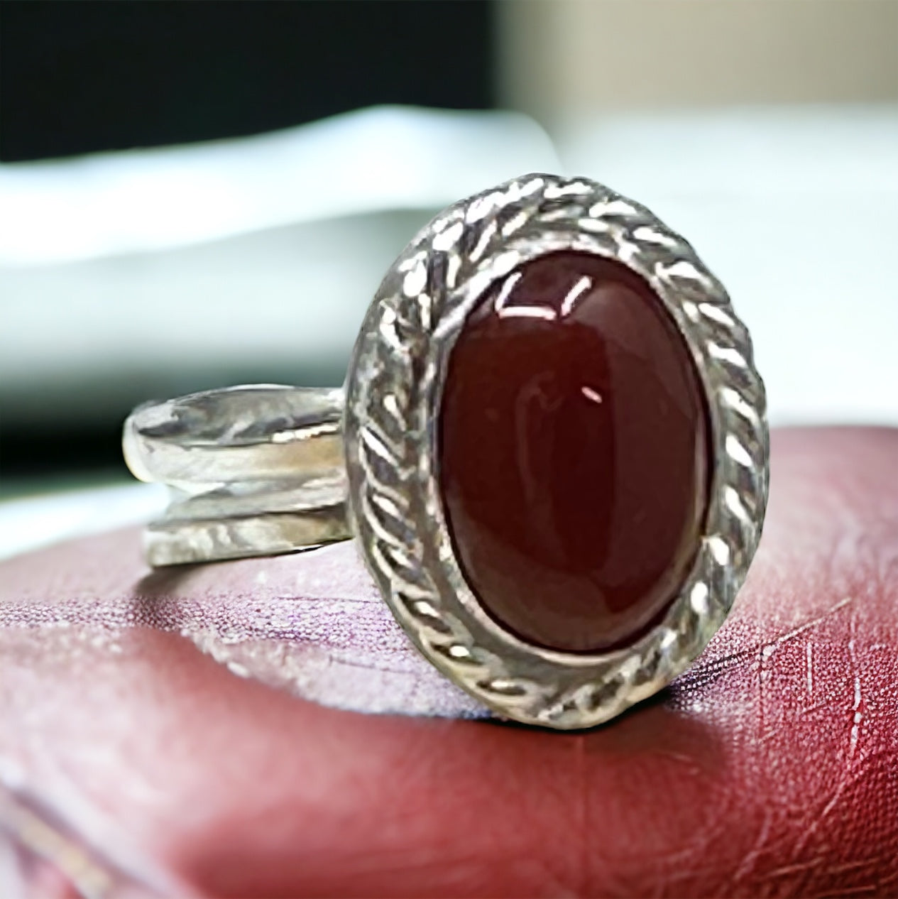 Argentium Silver Split Shank Ring, Carnelian Oval Setting